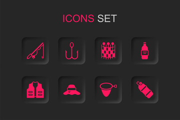 Set Fisherman hat, Fishing hook, rod, net, Bottle of vodka, Aqualung, pattern and jacket icon. Vector