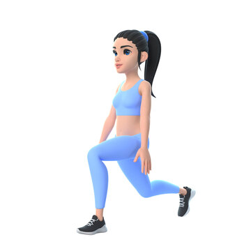 Cartoon character woman in sportswear doing squats isolated on white background. 3D render illustration