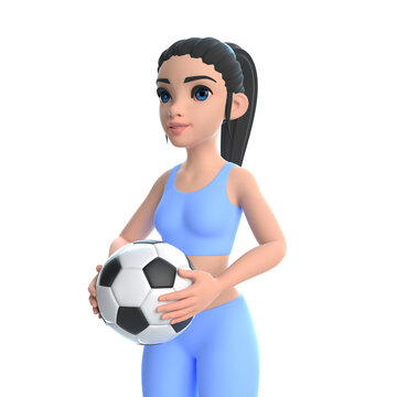 Cartoon character woman in sportswear holding soccer ball isolated on white background. 3D render illustration