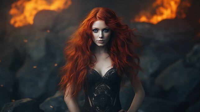 
Beautiful cheeky girl in the image of a demoness from hell, concept: halloween or overlord game character. - Powered by Adobe