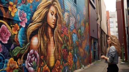 An artist exhibits a mural on a side street in the city.