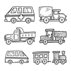 Set children toy cars sketch. Preschool games. Hand drawn doodle illustration.