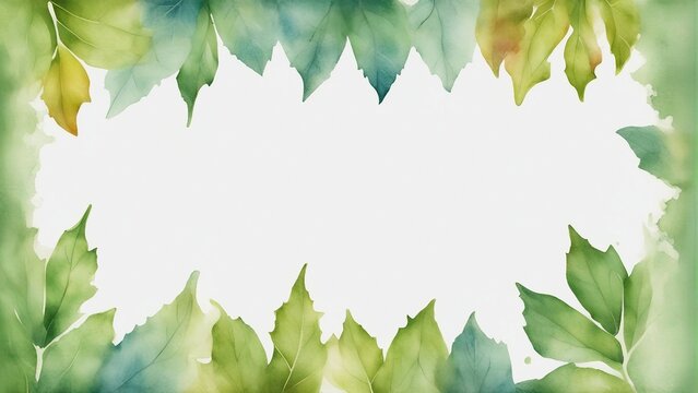 hand painted water color leaves border of a white crushed paper background