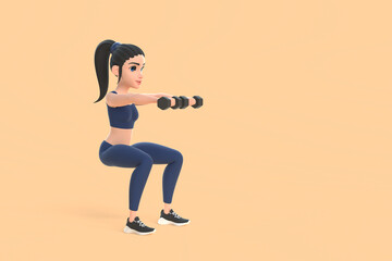 Fototapeta na wymiar Cartoon character woman in sportswear doing exercises with dumbbells on beige background. 3D render illustration