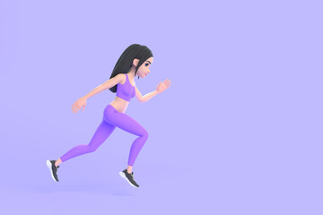 Fototapeta na wymiar Cartoon character woman in sportswear running on purple background. 3D render illustration