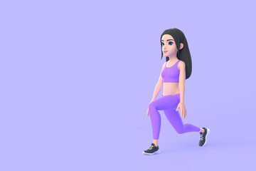 Fototapeta na wymiar Cartoon character woman in sportswear doing squats on purple background. 3D render illustration