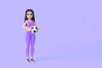 Cartoon character woman in sportswear holding soccer ball on purple background. 3D render illustration