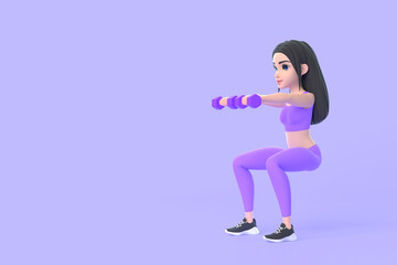 Fototapeta na wymiar Cartoon character woman in sportswear doing exercises with dumbbells on purple background. 3D render illustration