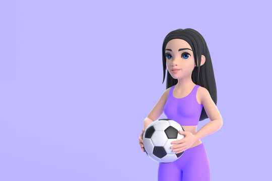 Cartoon character woman in sportswear holding soccer ball on purple background. 3D render illustration