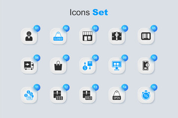 Set Hanging sign with text Open, Paper shopping bag, Closed, Tax payment, Stopwatch percent discount, Mobile dollar, Happy customer and cardboard box icon. Vector