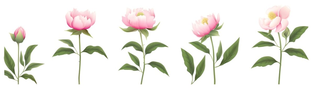 Peonies growth stages from bud to full blooming flower, generative ai botanical image