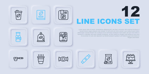 Set line Bag of coffee beans, Cake, Sugar stick packets, Electric grinder, Coffee cup to go, book and Candy icon. Vector