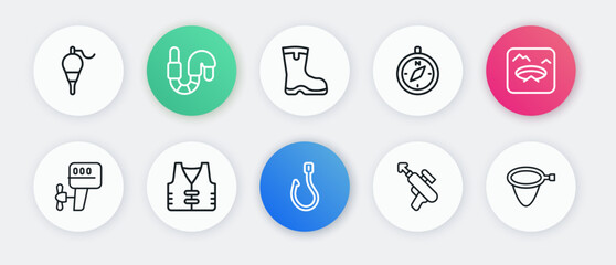 Set line Fishing hook, Winter fishing, Outboard boat motor, harpoon, Compass, boots, net and jacket icon. Vector