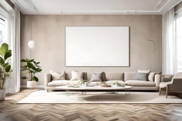 An airy living room with minimalist decor, showcasing a pristine white canvas frame as the centerpiece on a neutral-toned wall.
