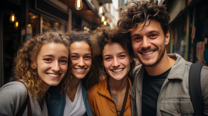 Multikulturelle beste Freunde haben draußen Spaß - Gemischte Gruppe junger Leute lächelt draußen in die Kamera - Freundschaftskonzept mit Jungs und Mädchen, die auf den Straßen der Stadt zusammen unte - obrazy, fototapety, plakaty