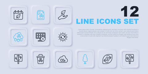Set line Water energy, Recycle clean aqua, Solar panel, Tree, Acid rain radioactive cloud, Infectious waste, Radioactive barrel and CO2 emissions icon. Vector