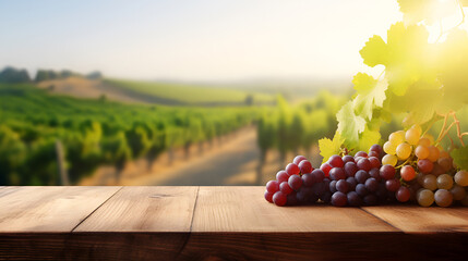 Empty wooden board with a bunch of grapes on a blurred vineyard background with copy space. environmentally friendly agriculture and winemaking. Eco products. Free space for product montage and