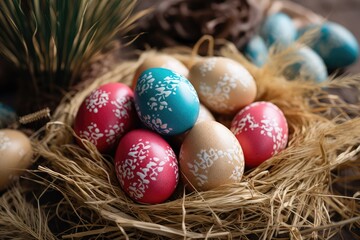 Fototapeta na wymiar Set of Easter eggs on straw