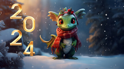 Cute green cartoon dragon symbol of 2024 with a red new year scarf in a snowy fairytale forest with gold numbers 2024 and Happy New Year text.