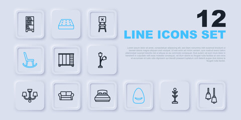 Set line Coat stand, Lamp hanging, Wardrobe, Pouf, Armchair, Sofa, Mattress and Big bed icon. Vector