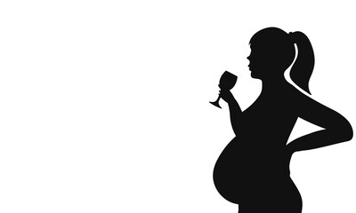 Pregnant woman with a glass of alcohol. Newborn protection concept. Vector template for prohibition poster, banner