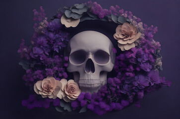 halloween day of the dead skull with flowers in a circle paper art style ai generated background