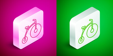 Isometric line Vintage bicycle with one big wheel and one small icon isolated on pink and green background. Bike public transportation sign. Silver square button. Vector