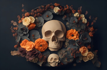 halloween day of the dead skull with flowers in a circle paper art style ai generated background
