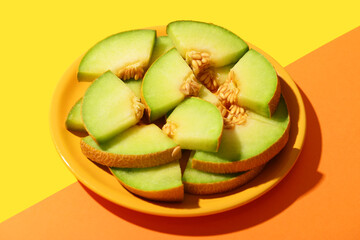 Plate with pieces of sweet melon on colorful background