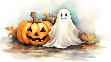 A cute little ghost on Halloween, orange pumpkins, Watercolor illustration
