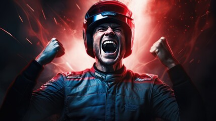 Formula one racing team driver cheering, celebrating victory on sports track. Generative AI - obrazy, fototapety, plakaty