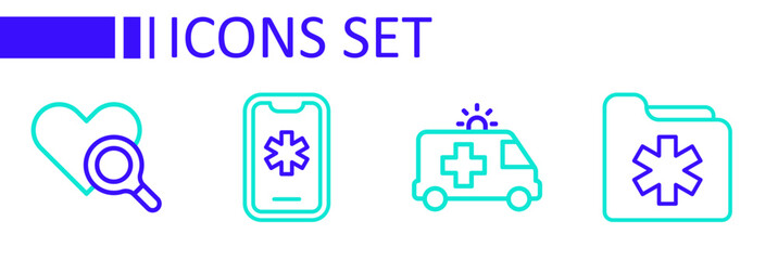 Set line Medical health record folder, Ambulance car, Emergency call 911 and heart inspection icon. Vector