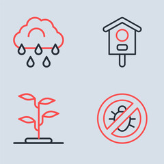 Set line Bird house, Sprout, Stop colorado beetle and Cloud with rain icon. Vector
