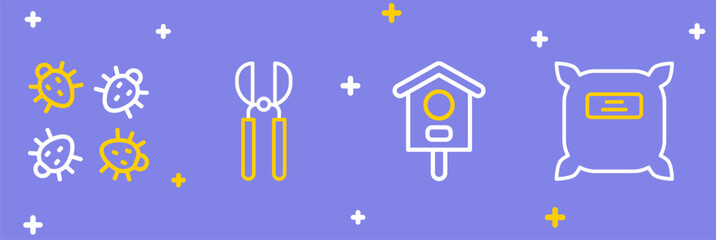 Fototapeta premium Set line Pack full of seeds, Bird house, Gardening scissors and Colorado beetle icon. Vector