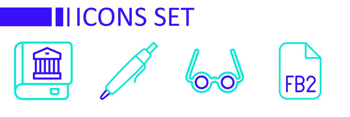 Set line FB2 File, Glasses, Pen and Law book icon. Vector