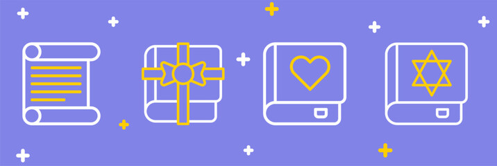 Set line Jewish torah book, Romance, Book as gift and Decree, parchment, scroll icon. Vector