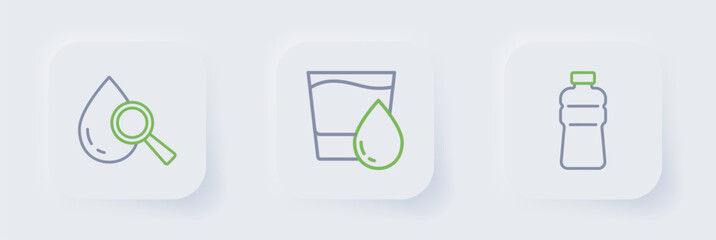 Set line Bottle of water, Glass with and Drop and magnifying glass icon. Vector