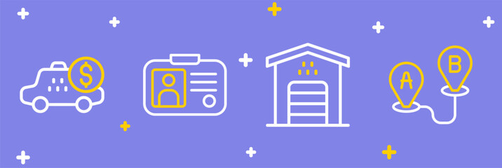 Set line Route location, Garage for taxi car, Taxi driver license and Taximeter device icon. Vector