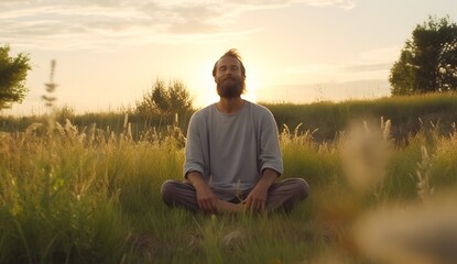 Fototapeta premium Man meditating outdoors, generative ai.