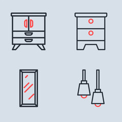 Set line Furniture nightstand, Big full length mirror, Library bookshelf and Chest of drawers icon. Vector