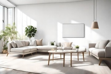 A tranquil living room with comfortable seating, illuminated by soft natural light, and a white canvas frame for a mockup adding a touch of creativity.
