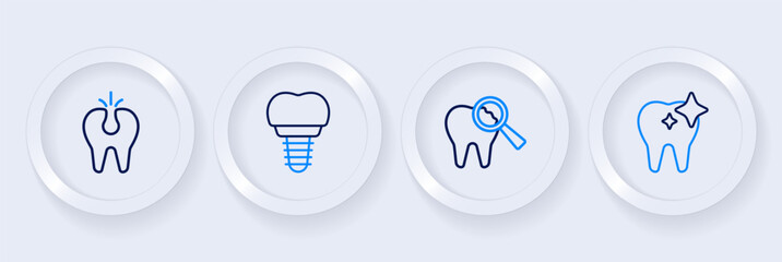 Set line Tooth whitening, Broken tooth, Dental implant and icon. Vector