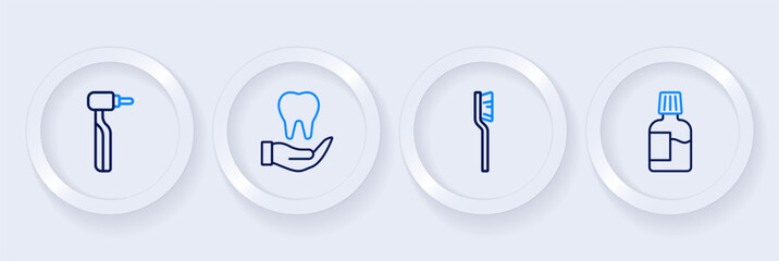 Set line Mouthwash, Toothbrush, and drill icon. Vector