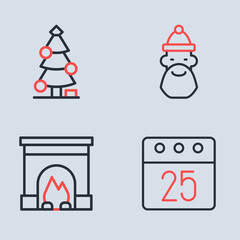 Set line Santa Claus hat and beard, Interior fireplace, Christmas day calendar and tree icon. Vector