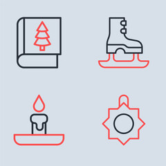 Set line Skates, Burning candle, Christmas toy and book icon. Vector