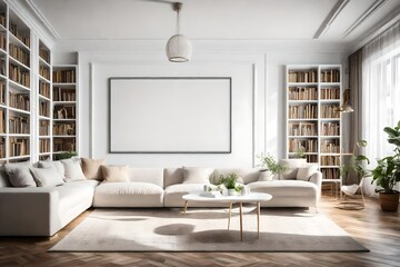 A harmonious living room with a white empty canvas frame for a mockup, framed by bookshelves and inviting relaxation.
