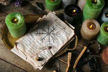 Witch's magic attributes with burning candles on dark wooden table, closeup
