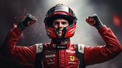 Poster Formula one racing team driver cheering, celebrating victory on sports track.  © piai