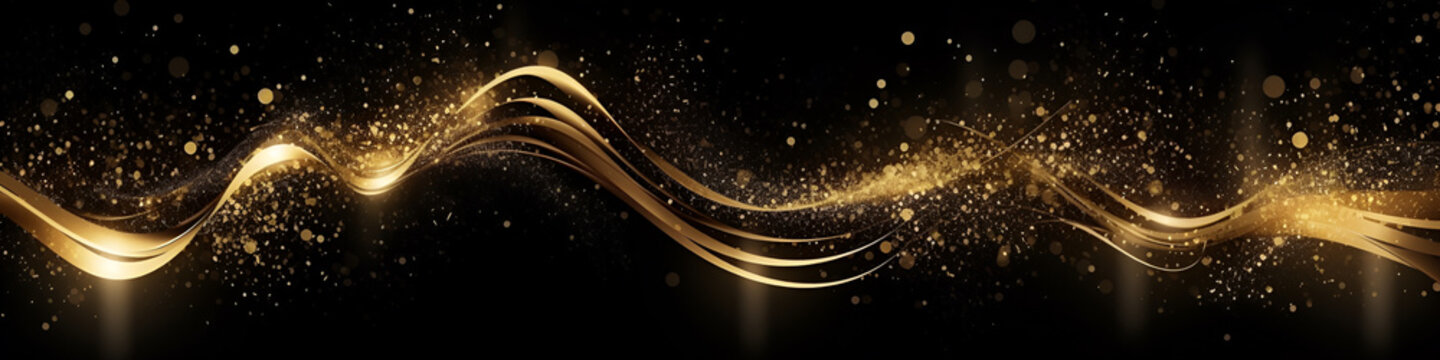 Abstract banner festive golden shiny gold wave design element with glitter effect on dark background.