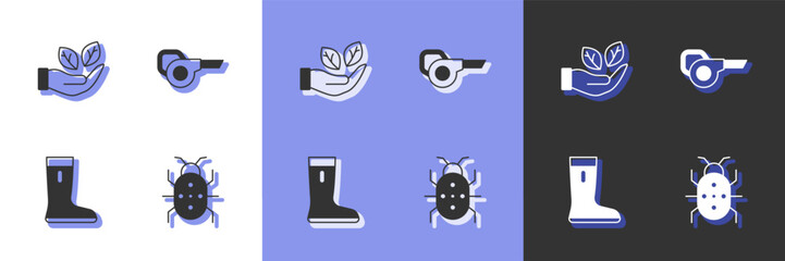 Set Colorado beetle, Leaf in hand, Waterproof rubber boot and garden blower icon. Vector